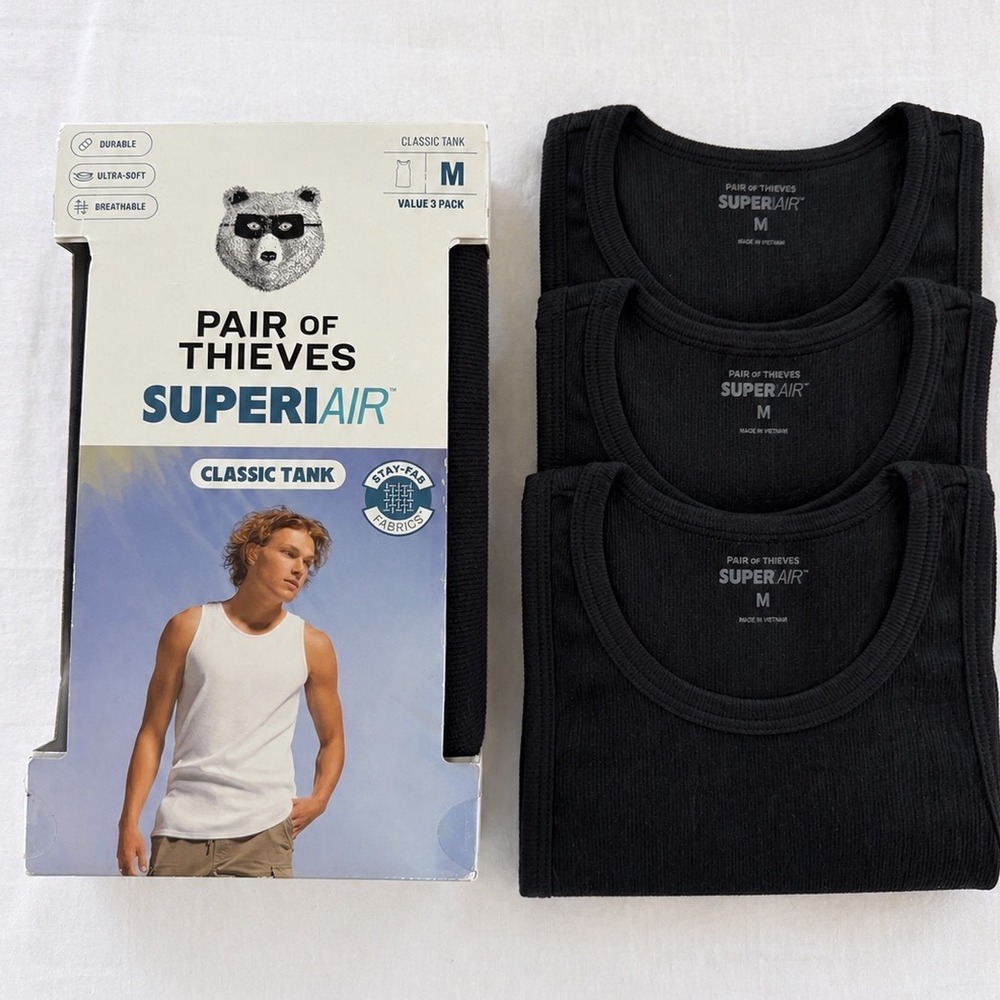 Pair of Thieves SuperAir Classic Tank 3 Pack Men Medium Black Ribbed Undershirts